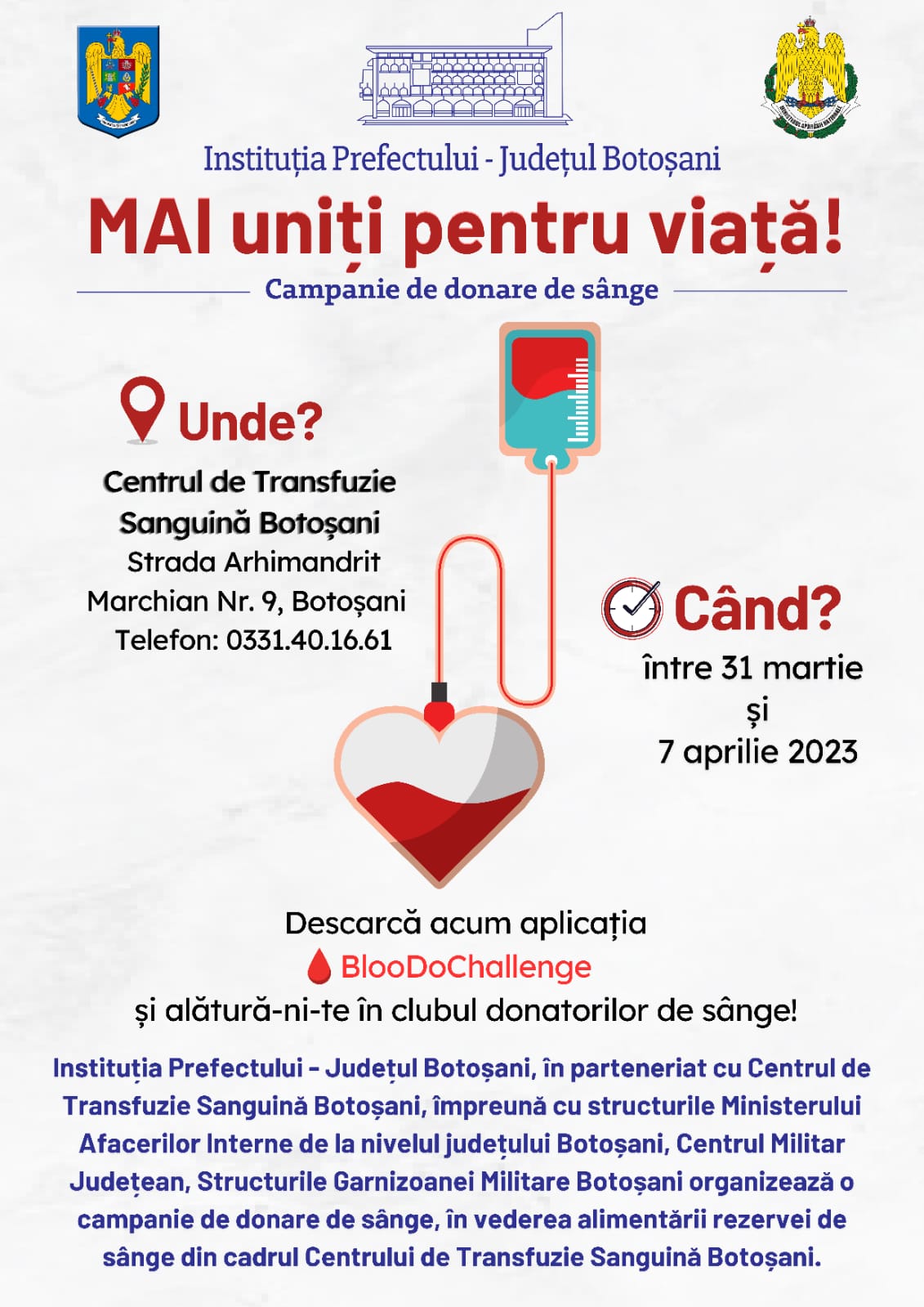 BOTOȘANI: Campanie de donare de sânge ”MAI uniți pentru viață”