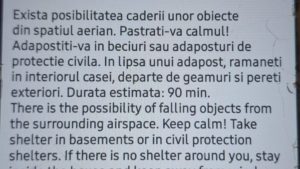Galaţi: Au fost emise mesaje RO-ALERT privind posibilitatea căderii unor obiecte din spaţiul aerian