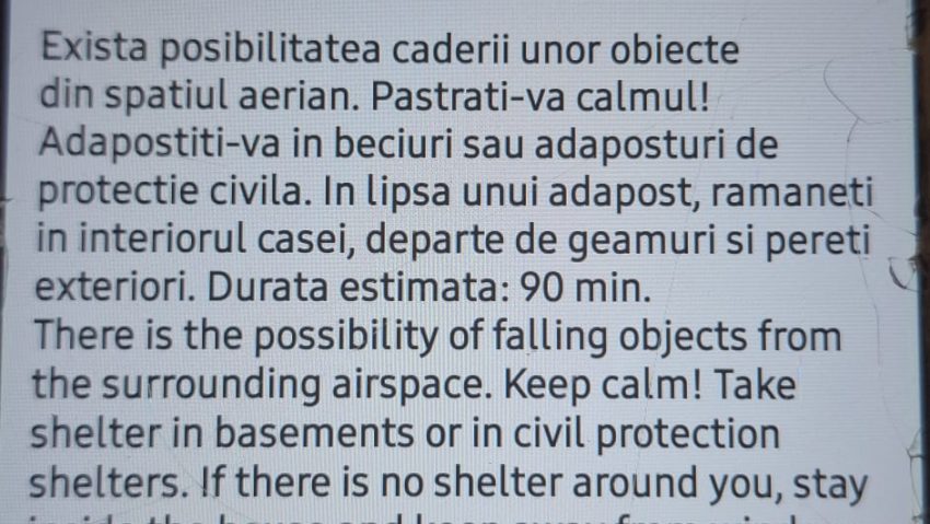 Galaţi: Au fost emise mesaje RO-ALERT privind posibilitatea căderii unor obiecte din spaţiul aerian