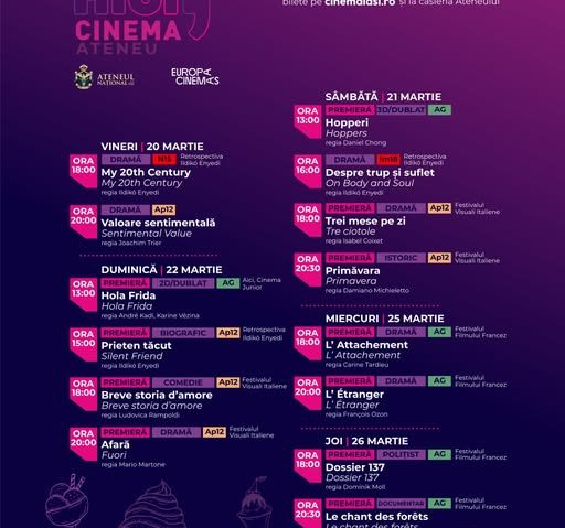Programul săptămânal al proiecțiilor de la Cinema Ateneu Iași pentru perioada 20 – 26 martie 2026