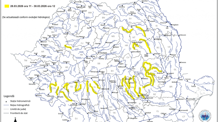 Cod galben de inundaţii pentru râuri din 16 judeţe