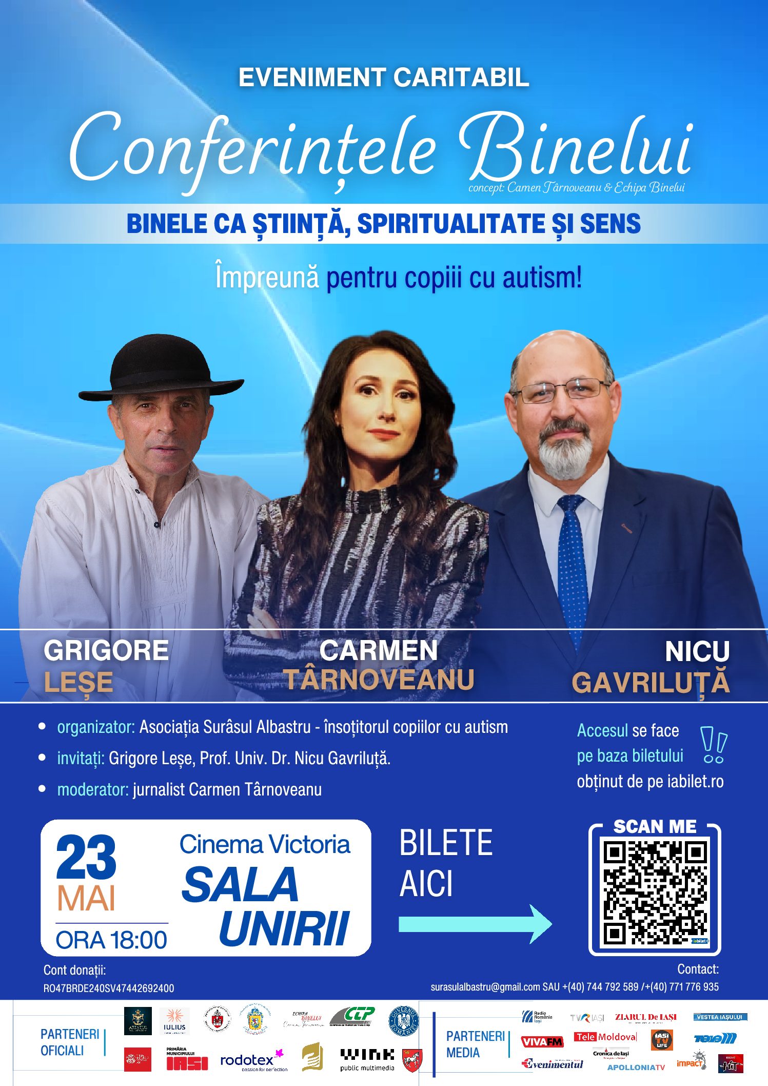 Asociația Surâsul Albastru aduce la Iași „Conferințele Binelui”. Radio Iași partener media. Carmen Târnoveanu – jurnalist și realizator TV, fondatoarea conceptului „Conferințele Binelui” și Nicu Gavriluță – profesor universitar, sociolog și autor, cu Mihai Florin Pohoață la ”Pulsul Zilei” – 22.05.2026.