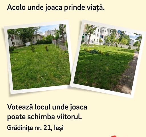 O grădiniță din Iași, într-o competiție națională pentru a obține fonduri necesare realizării unui parc de joacă. Posibilii beneficiari, 300 de copii, au nevoie de voturile comunității