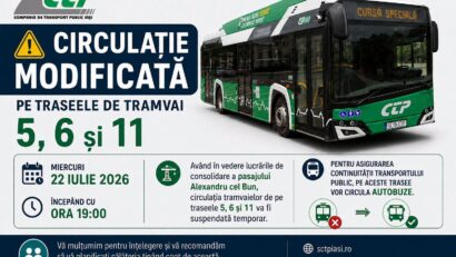 CTP Iași: Tramvaiele 5, 6 și 11, înlocuite temporar cu autobuze