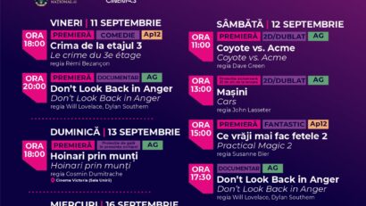 Programul săptămânal al proiecțiilor de la Cinema Ateneu Iași pentru perioada 11-21 septembrie 2026.