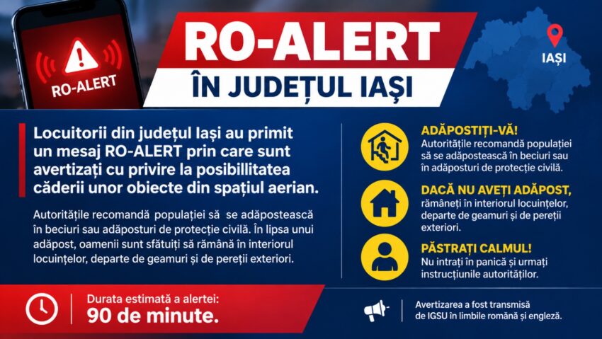 RO-ALERT în județul Iași: populația, avertizată cu privire la posibilitatea căderii unor obiecte din spațiul aerian